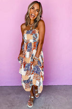 Load image into Gallery viewer, Orange Floral Patchwork Printed Frilled Bandeau Smocked High Waist Long Dress - Fashion Queen - 4