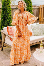 Load image into Gallery viewer, Orange Floral Print Smocked V Neck Wide Sleeve Maxi Dress - Fashion Queen - 10