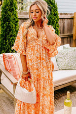 Load image into Gallery viewer, Orange Floral Print Smocked V Neck Wide Sleeve Maxi Dress - Fashion Queen - 11