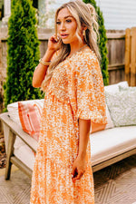 Load image into Gallery viewer, Orange Floral Print Smocked V Neck Wide Sleeve Maxi Dress - Fashion Queen - 12