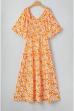 Load image into Gallery viewer, Orange Floral Print Smocked V Neck Wide Sleeve Maxi Dress - Fashion Queen - 13