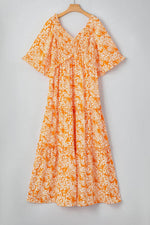 Load image into Gallery viewer, Orange Floral Print Smocked V Neck Wide Sleeve Maxi Dress - Fashion Queen - 14