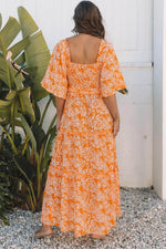 Load image into Gallery viewer, Orange Floral Print Smocked V Neck Wide Sleeve Maxi Dress - Fashion Queen - 2