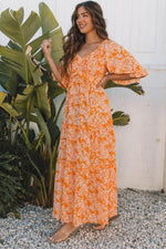 Load image into Gallery viewer, Orange Floral Print Smocked V Neck Wide Sleeve Maxi Dress - Fashion Queen - 3