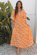 Load image into Gallery viewer, Orange Floral Print Smocked V Neck Wide Sleeve Maxi Dress - Fashion Queen - 4