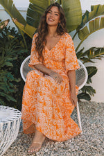 Load image into Gallery viewer, Orange Floral Print Smocked V Neck Wide Sleeve Maxi Dress - Fashion Queen - 5