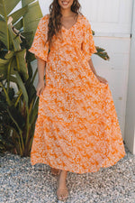 Load image into Gallery viewer, Orange Floral Print Smocked V Neck Wide Sleeve Maxi Dress - Fashion Queen - 6