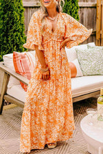 Load image into Gallery viewer, Orange Floral Print Smocked V Neck Wide Sleeve Maxi Dress - Fashion Queen - 7