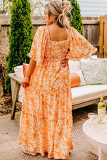 Load image into Gallery viewer, Orange Floral Print Smocked V Neck Wide Sleeve Maxi Dress - Fashion Queen - 8