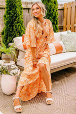 Load image into Gallery viewer, Orange Floral Print Smocked V Neck Wide Sleeve Maxi Dress - Fashion Queen - 9