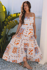 Load image into Gallery viewer, Orange Multi Printed Ricrac Trim Spaghetti Straps Maxi Dress - Fashion Queen - 18