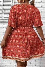Load image into Gallery viewer, Orange Plus Size Printed Surplice Neck Empire Waist Flowy Mini Dress - Fashion Queen - 2