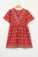 Load image into Gallery viewer, Orange Plus Size Printed Surplice Neck Empire Waist Flowy Mini Dress - Fashion Queen - 5