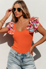 Load image into Gallery viewer, Orange Ribbed Knit Tiered Ruffled Sleeve Bodysuit - Fashion Queen - 12
