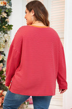 Load image into Gallery viewer, Orange Stripe Plus Size Drop Shoulder Long Sleeve Buttoned Decor Top - Fashion Queen - 2