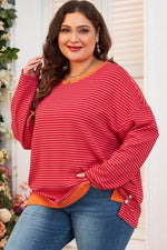 Load image into Gallery viewer, Orange Stripe Plus Size Drop Shoulder Long Sleeve Buttoned Decor Top - Fashion Queen - 3