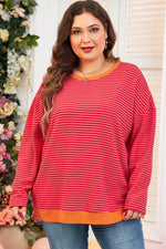 Load image into Gallery viewer, Orange Stripe Plus Size Drop Shoulder Long Sleeve Buttoned Decor Top - Fashion Queen - 4