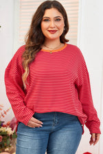 Load image into Gallery viewer, Orange Stripe Plus Size Drop Shoulder Long Sleeve Buttoned Decor Top - Fashion Queen - 5