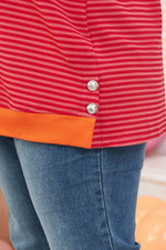 Load image into Gallery viewer, Orange Stripe Plus Size Drop Shoulder Long Sleeve Buttoned Decor Top - Fashion Queen - 7