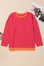 Load image into Gallery viewer, Orange Stripe Plus Size Drop Shoulder Long Sleeve Buttoned Decor Top - Fashion Queen - 8