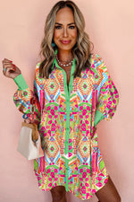 Load image into Gallery viewer, Orange Western Geometric Print Cuffed Shift Shirt Dress - Fashion Queen - 3