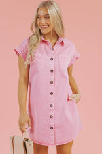 Load image into Gallery viewer, Orchid Petal Short Sleeve Double Chest Pocket Denim Shirt Dress - Fashion Queen - 21