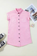Load image into Gallery viewer, Orchid Petal Short Sleeve Double Chest Pocket Denim Shirt Dress - Fashion Queen - 24