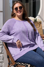 Load image into Gallery viewer, Orchid Petal Textured Patchwork Frilled Trim Plus Size Pullover Sweatshirt - Fashion Queen - 8