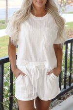 Load image into Gallery viewer, Pale Chestnut Textured Patched Pocket Short Sleeve Top Drawstring Shorts Set - Fashion Queen - 19