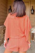 Load image into Gallery viewer, Pale Chestnut Textured Patched Pocket Short Sleeve Top Drawstring Shorts Set - Fashion Queen - 2