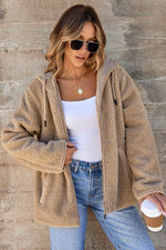 Load image into Gallery viewer, Pale Khaki Fleece Zip Up Drawstring Hooded Pocketed Jacket - Fashion Queen - 3