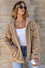 Load image into Gallery viewer, Pale Khaki Fleece Zip Up Drawstring Hooded Pocketed Jacket - Fashion Queen - 5