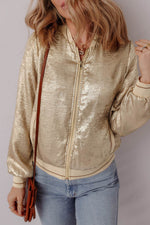 Load image into Gallery viewer, Pale Khaki Metallic Zip up Baseball Jacket - Fashion Queen - 10