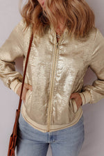 Load image into Gallery viewer, Pale Khaki Metallic Zip up Baseball Jacket - Fashion Queen - 5