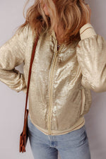 Load image into Gallery viewer, Pale Khaki Metallic Zip up Baseball Jacket - Fashion Queen - 8