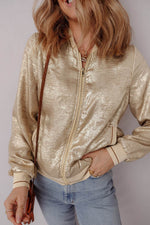 Load image into Gallery viewer, Pale Khaki Metallic Zip up Baseball Jacket - Fashion Queen - 9