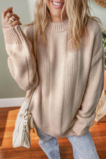 Load image into Gallery viewer, Pale Khaki Solid Color Cable Knit Ribbed Loose Sweater - Fashion Queen - 1