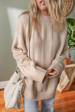 Load image into Gallery viewer, Pale Khaki Solid Color Cable Knit Ribbed Loose Sweater - Fashion Queen - 3