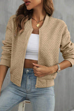 Load image into Gallery viewer, Pale Khaki Solid Geometric Textured Baseball Collar Jacket - Fashion Queen - 1