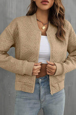 Load image into Gallery viewer, Pale Khaki Solid Geometric Textured Baseball Collar Jacket - Fashion Queen - 5