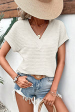 Load image into Gallery viewer, Pale Khaki Textured Wide Sleeve V Neck T Shirt - Fashion Queen - 3