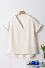 Load image into Gallery viewer, Pale Khaki Textured Wide Sleeve V Neck T Shirt - Fashion Queen - 4