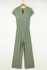 Load image into Gallery viewer, Parchment Solid Color Ribbed Short Sleeve Wide Leg Jumpsuit - Fashion Queen - 23