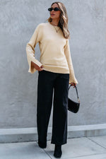 Load image into Gallery viewer, Parchment Solid Textured Knit Split Cuff Drop Shoulder Loose Sweater - Fashion Queen - 13