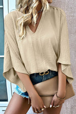 Load image into Gallery viewer, Parchment Solid V Neck Wide Sleeve Crinkled Blouse - Fashion Queen - 1