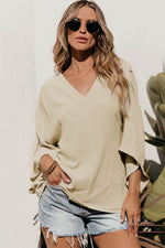 Load image into Gallery viewer, Parchment Solid V Neck Wide Sleeve Crinkled Blouse - Fashion Queen - 10