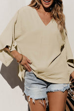 Load image into Gallery viewer, Parchment Solid V Neck Wide Sleeve Crinkled Blouse - Fashion Queen - 11