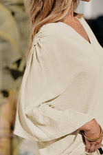 Load image into Gallery viewer, Parchment Solid V Neck Wide Sleeve Crinkled Blouse - Fashion Queen - 12