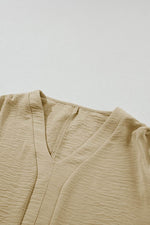 Load image into Gallery viewer, Parchment Solid V Neck Wide Sleeve Crinkled Blouse - Fashion Queen - 17