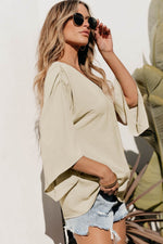 Load image into Gallery viewer, Parchment Solid V Neck Wide Sleeve Crinkled Blouse - Fashion Queen - 9